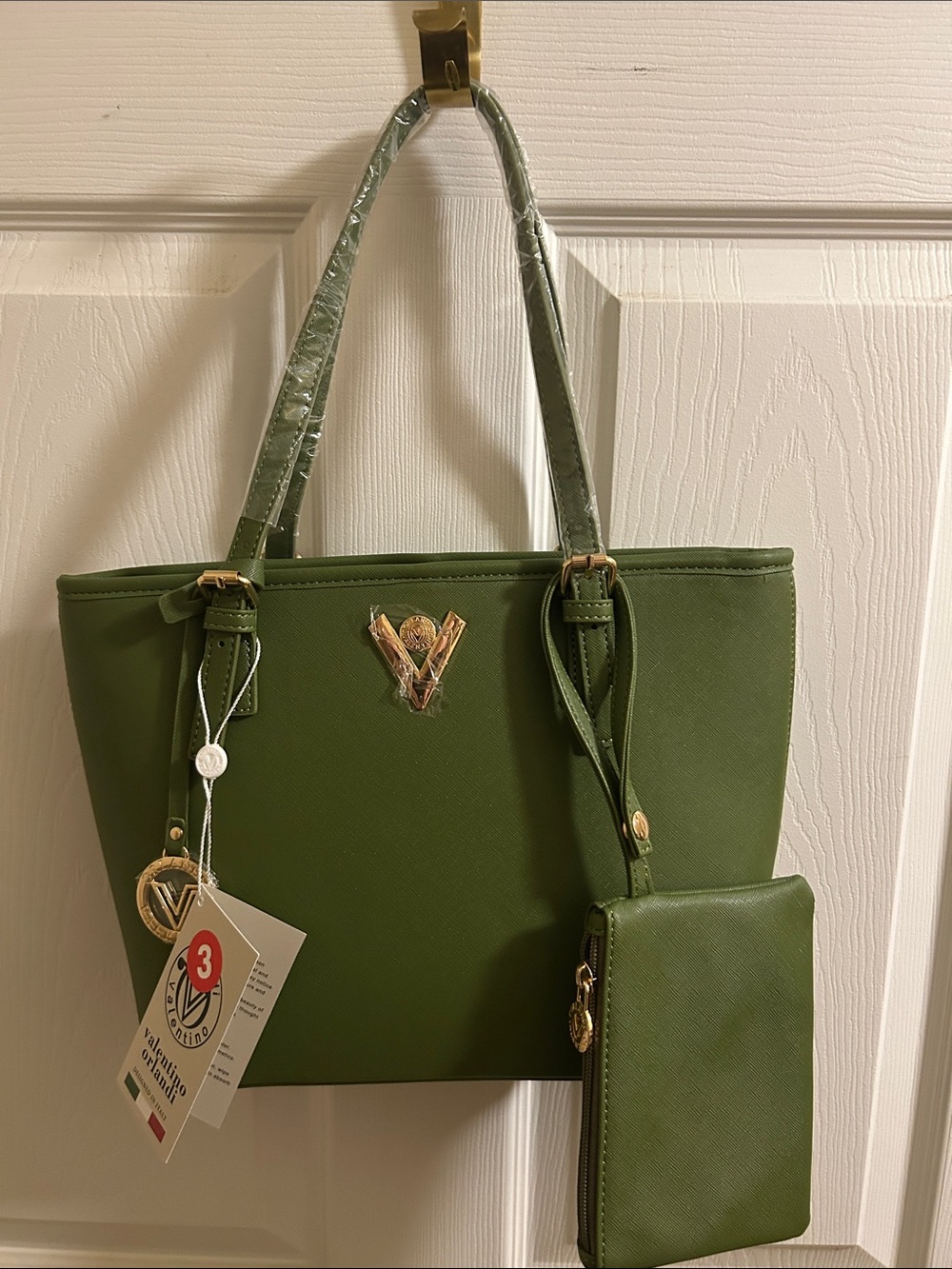 Valentino Orlandi NWT Olive Green Tote Handbag with Matching Pouch - Picture 1 of 7